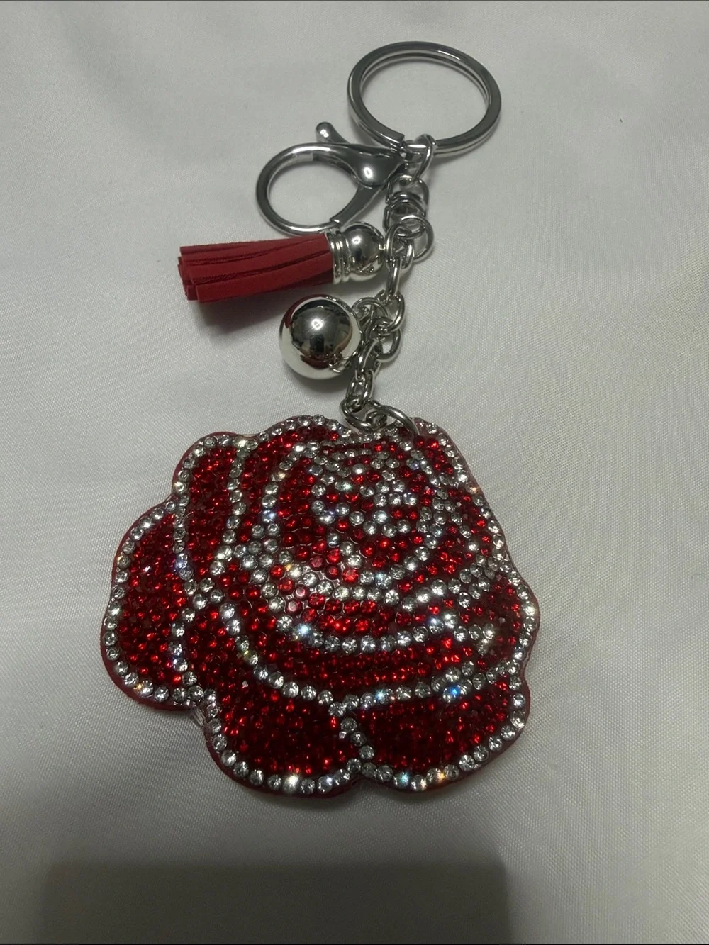 Red Rhinestone Rose Key & Card Holder Charm with Tassel
